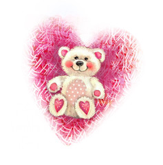 Valentine's Day illustration with cute teddy bear. Valentine card. Teddy bear toy sketch isolated on heart background. Love design. Background with bear and heart