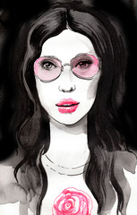 Watercolor sketch of a hippie girl in pink glasses