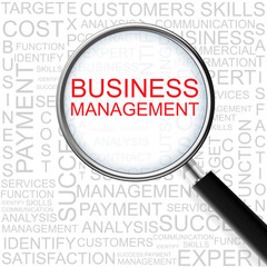 Business Management. Magnifying glass over seamless background with different association terms. Business Concept.