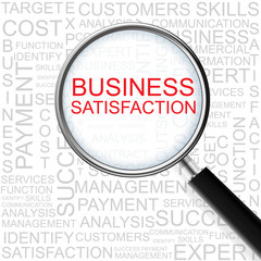 Business Satisfaction. Magnifying glass over seamless background with different association terms. Business Concept.