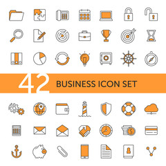 Outline flat orange business icon set