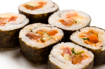 six sushi rolls closeup