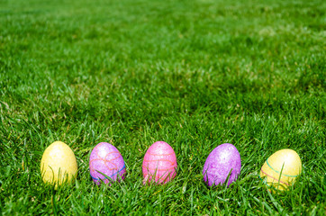 Easter eggs on the grass background