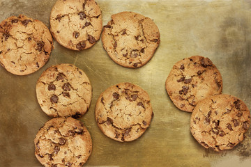 Chocolate chips cookies on vintage tray