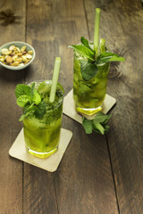Mojito cocktails with mint leaves, lime and copyspace