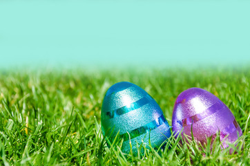 Easter eggs on the grass background