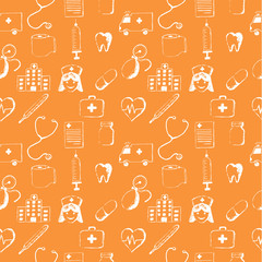 Orange seamless pattern-medical items. This illustration is drawn with a pencil.