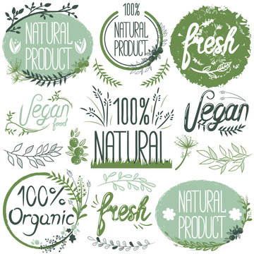 Natural organic labels. Organic food stickers and elements.