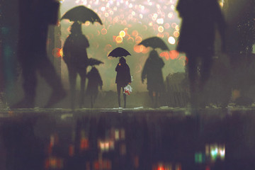 mężczyzna z bukietem kwiatów, trzymając parasol stojący samotnie w tłumie ludzi przechodzących przez ulicę w deszczową noc, malowanie ilustracji - 135778758