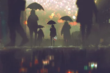 Tuinposter man with flowers bouquet holding umbrella standing alone in a crowds of people crossing the street on a rainy night,illustration painting © grandfailure