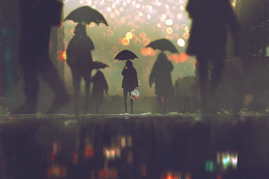 man with flowers bouquet holding umbrella standing alone in a crowds of people crossing the street on a rainy night,illustration painting