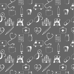 Gray seamless pattern-medical items. This illustration is drawn with a pencil.