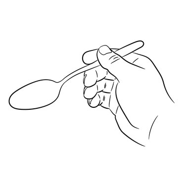 hand holding a spoon of monochrome vector illustration