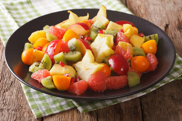 salad of ripe tropical fruits close-up on a plate. horizontal