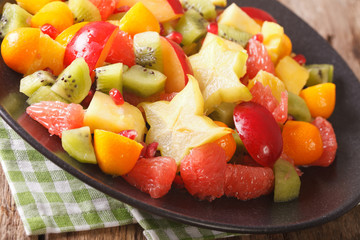 Exotic fruit salad close-up on a plate. horizontal