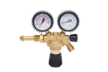 Argon cylinder pressure regulator gauge isolated on a white background