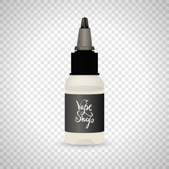 White vape bottle with liquid or aroma. Electronic cigarette accessorize with label. 3d object mockup for vaporizer design