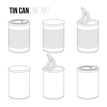 Tincan, canned food line art icons isolated on white background. Outlines objects, contour vector Metal or Plastic Tin Can.