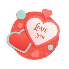 Pink and blue paper hearts with patternred circle and drops. Valentines Day Greeting Card or postcard isolated on white background.Romantic Lovely Frame design template for Mothers Day or scrapbooking