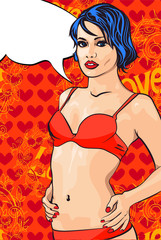 Pretty lady comics style with bubble speech. Valentine's Day background with hearts. Vector image.