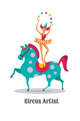 Circus artists. Girl juggler on horseback. Vector illustration. Isolated on a white background