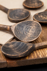 wooden cutlery. Spoons. Historic. Preparing for dinner.