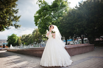 Fototapeta premium Portrait of brunette bride with bouquet at hand background fount
