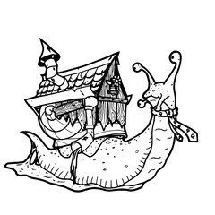 cartoon snail character with his house vector line art illustration