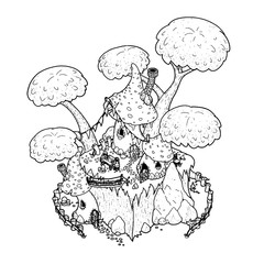 mushroom village of gnomes cartoon vector line art illustration
