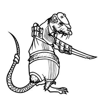 cartoon rat with knife character vector line art illustration