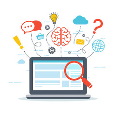 Web analytics and Information. SEO optimization. Digital marketing concept. Thinking from a laptop.