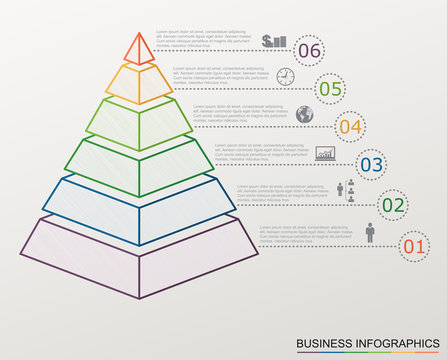 Infographic pyramid with numbers and business icons, line style, template with stepwise structure with 6 steps.
