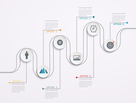 Timeline, infographics template with stepwise structure with 6 steps. Business line elements infographics.