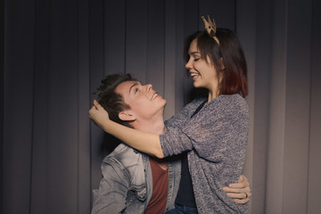 Happy couple in love in a photo booth