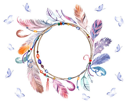 Watercolor colorful feathers frame with butterflies. Hand drawn wreath