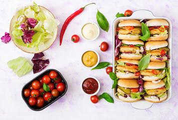 Mini hamburgers with chicken burger, cheese and a vegetables. Flat lay. Top view.