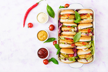 Mini hamburgers with chicken burger, cheese and a vegetables. Flat lay. Top view.