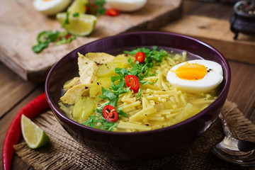 Noodle soup with chicken, celery and egg in a bowl on a old wooden background.