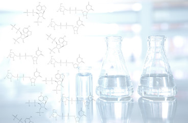 chemical structure with flask and vial background in science lab