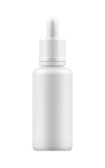 Vector realistic blank template of plastic bottle with dropper for organic aromatic essential oil. Mock-up of package. Empty and clean 3d white plastic container for liquid, essence.