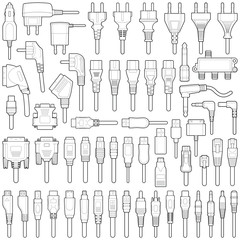 Cable wire and electric plug collection - line illustration 