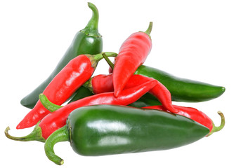 Red and green hot chili peppers stack isolated