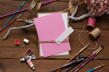 Blank wedding invitation or Valentine's day card. Handmade, in romantic pink palette.
