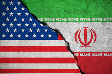 iranian flag on broken wall and half usa united states of americ