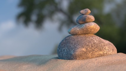 Stones balance on beach, sunrise 3d illustration