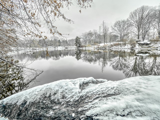 Bow bridge Central Park during snow storm