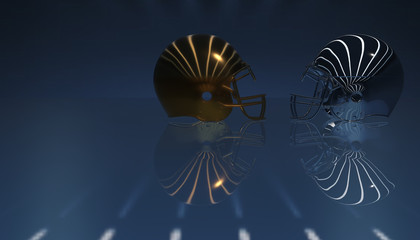 American football gold and gray helmets on blue  background, 3d render