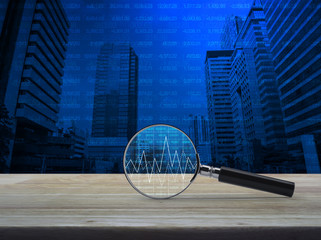 Magnifying glass with graph on wooden table over number and modern office city tower, Business analyzing concept