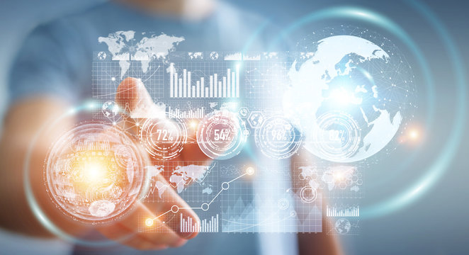 Businessman using hologram screen with digital datas 3D renderin