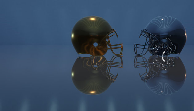 American football gold and gray helmets on blue  background, 3d render